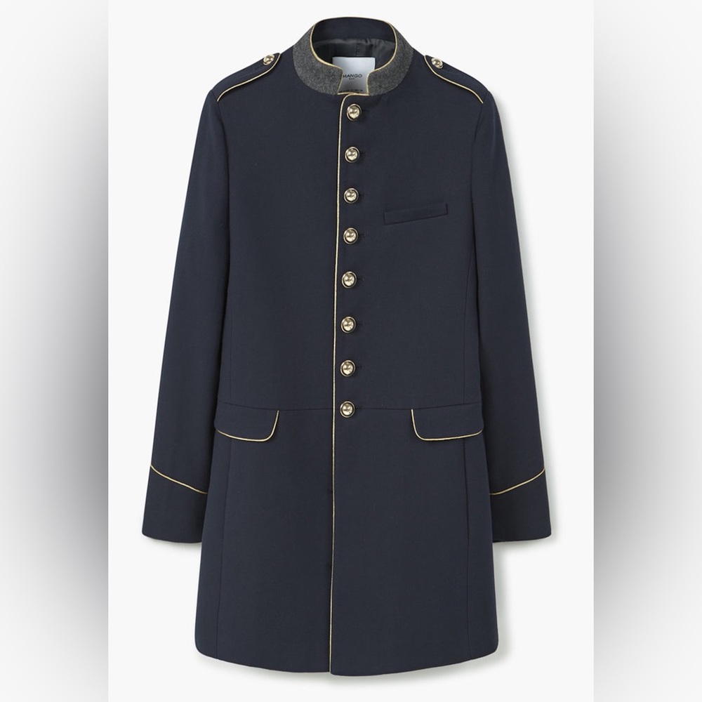 MANGO Navy Military Coat With Mandarin Collar
